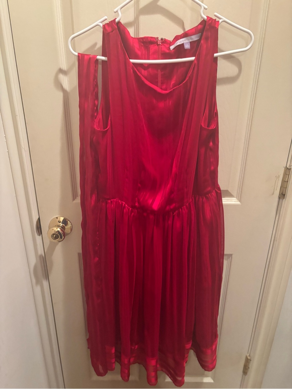 Red Satin Sleeveless Midi Dress size large with belt, below knees